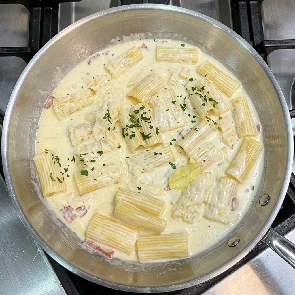 Rigatoni à la sauce crémeuse et au bacon, garnis de persil vert fraîchement haché.