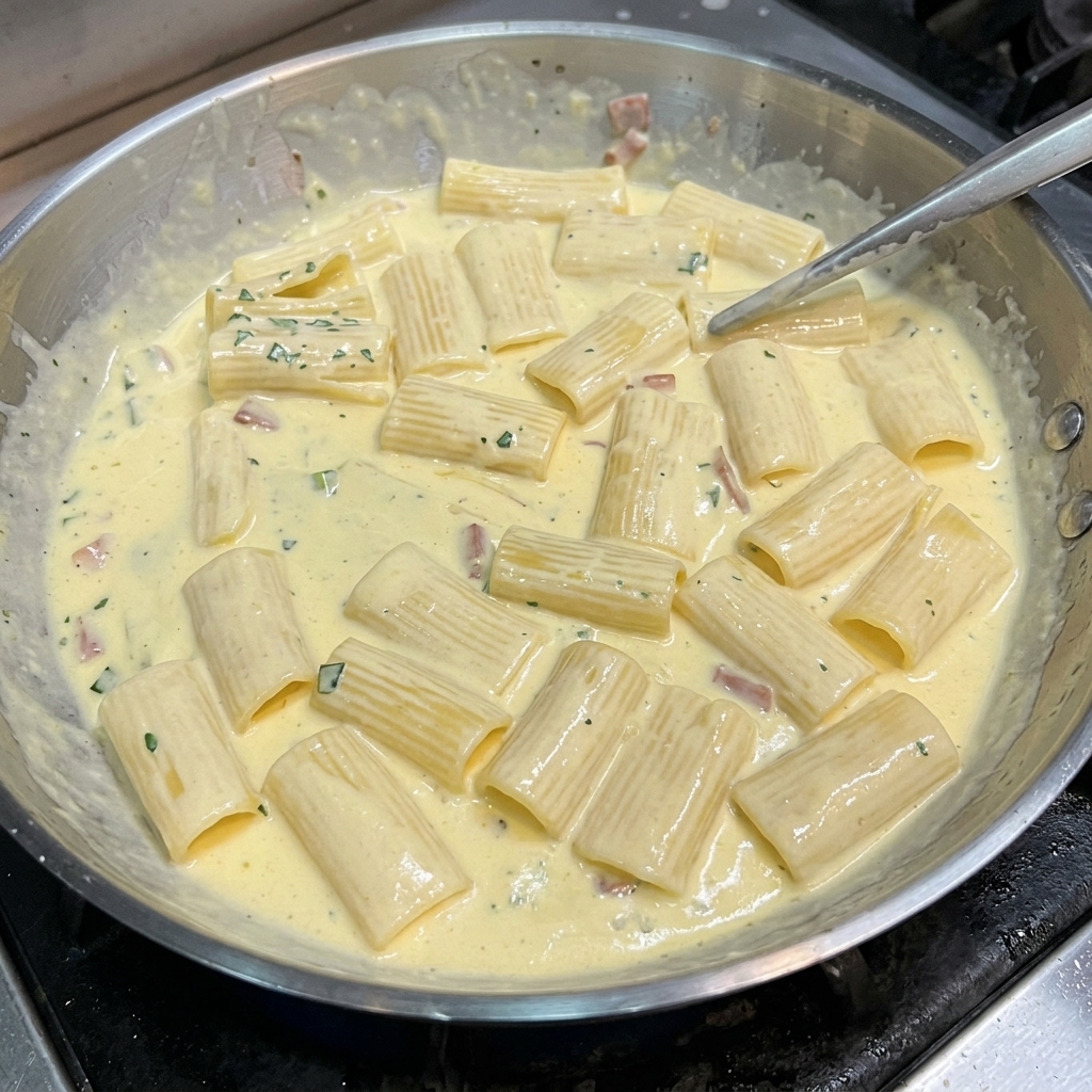 Rigatoni nappés de sauce crémeuse avec lardons et persil, surmontés démincé de poulet.