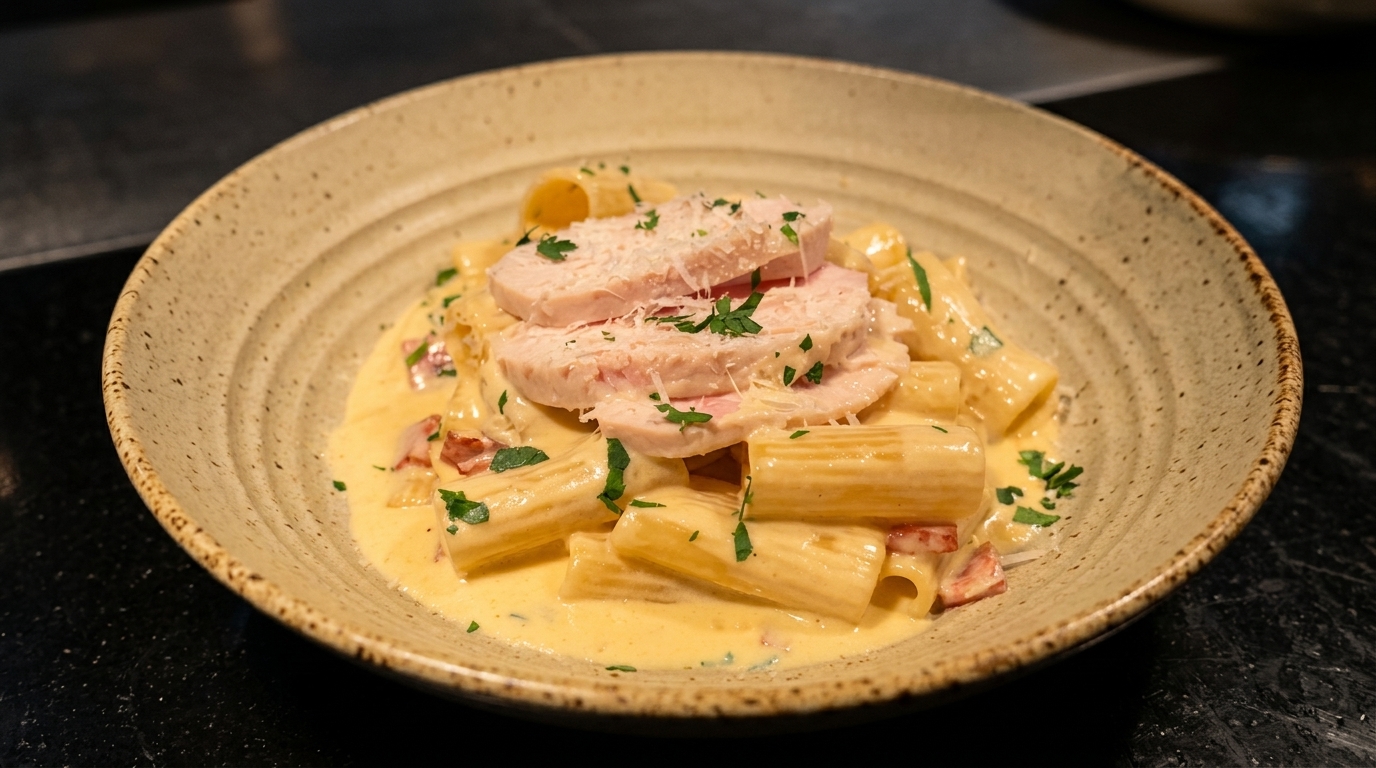 Rigatoni Crémeux au Bacon et Émincé de Poulet