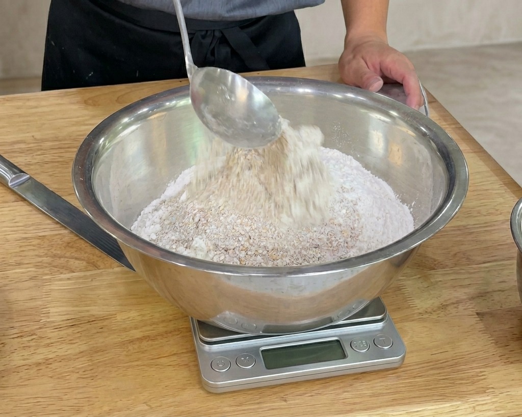 Une louche versant de la farine complète sur la farine blanche dans un bol en inox.