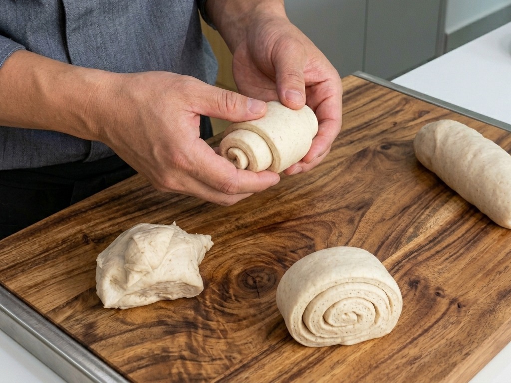 Mains façonnant une portion de pâte en une boule ronde et lisse.