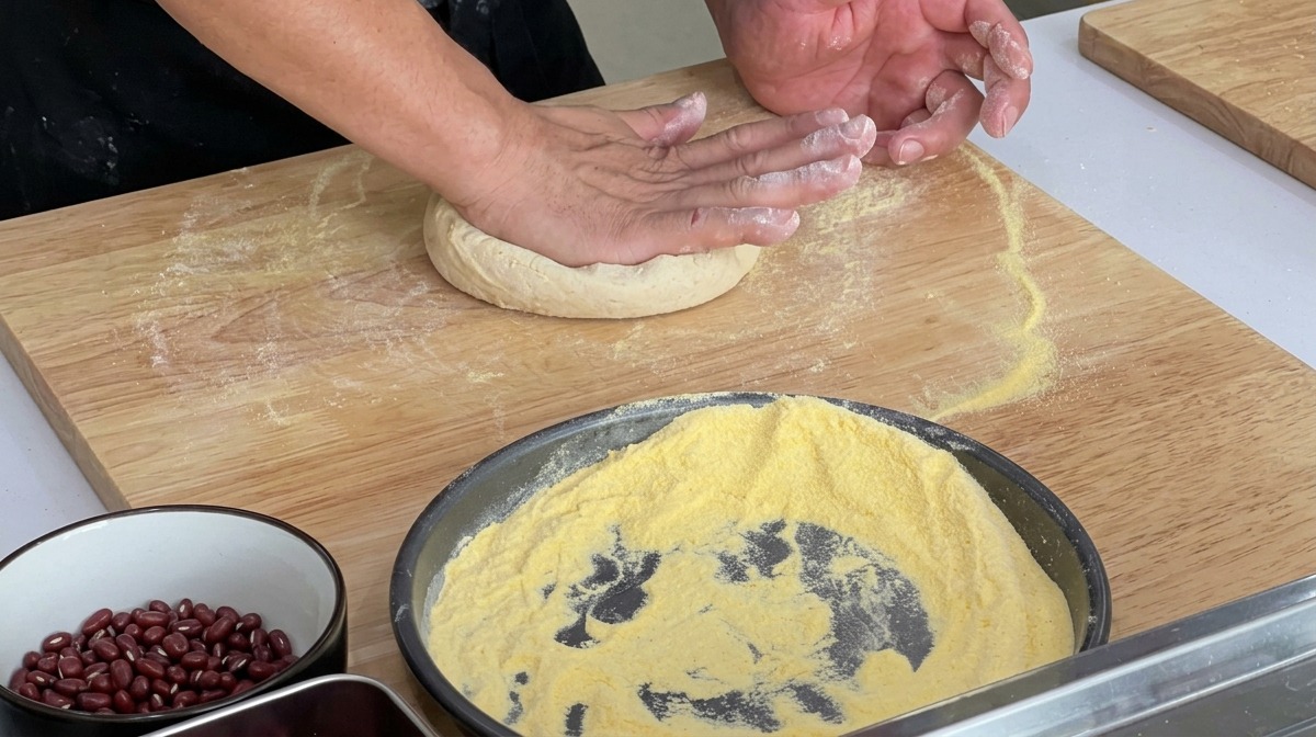 Chef pressant un pâton avec les mains sur une surface saupoudrée de farine jaune.