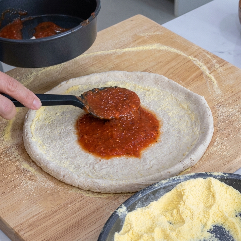 Application de la sauce tomate rouge sur la pâte à laide dune cuillère.