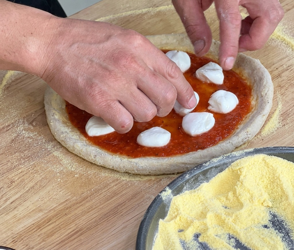 Morceaux de mozzarella blanche déposés sur la sauce tomate.