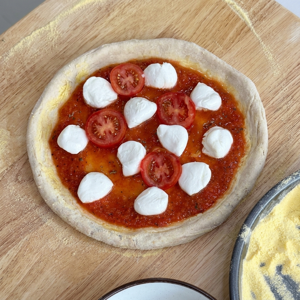 Pâte à pizza garnie de sauce, mozzarella et rondelles de tomates cerises.