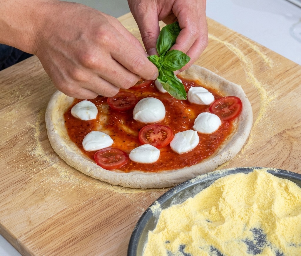 Mains déposant des feuilles de basilic frais sur la pizza avant cuisson.