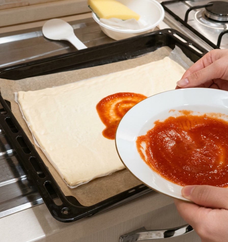Une main versant une cuillerée de sauce tomate rouge au centre dune pâte à pizza crue.