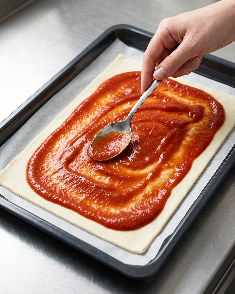 Une cuillère en métal étalant uniformément la sauce tomate vibrante sur la surface de la pâte.