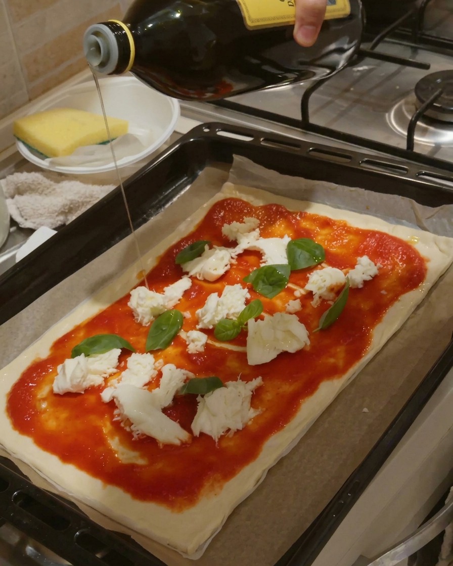 Une main versant un filet dhuile dolive dune bouteille en verre foncé sur la pizza Margherita prête à cuire.