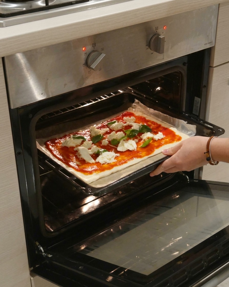 Des mains glissant une plaque de cuisson avec la pizza Margherita dans un four chaud.