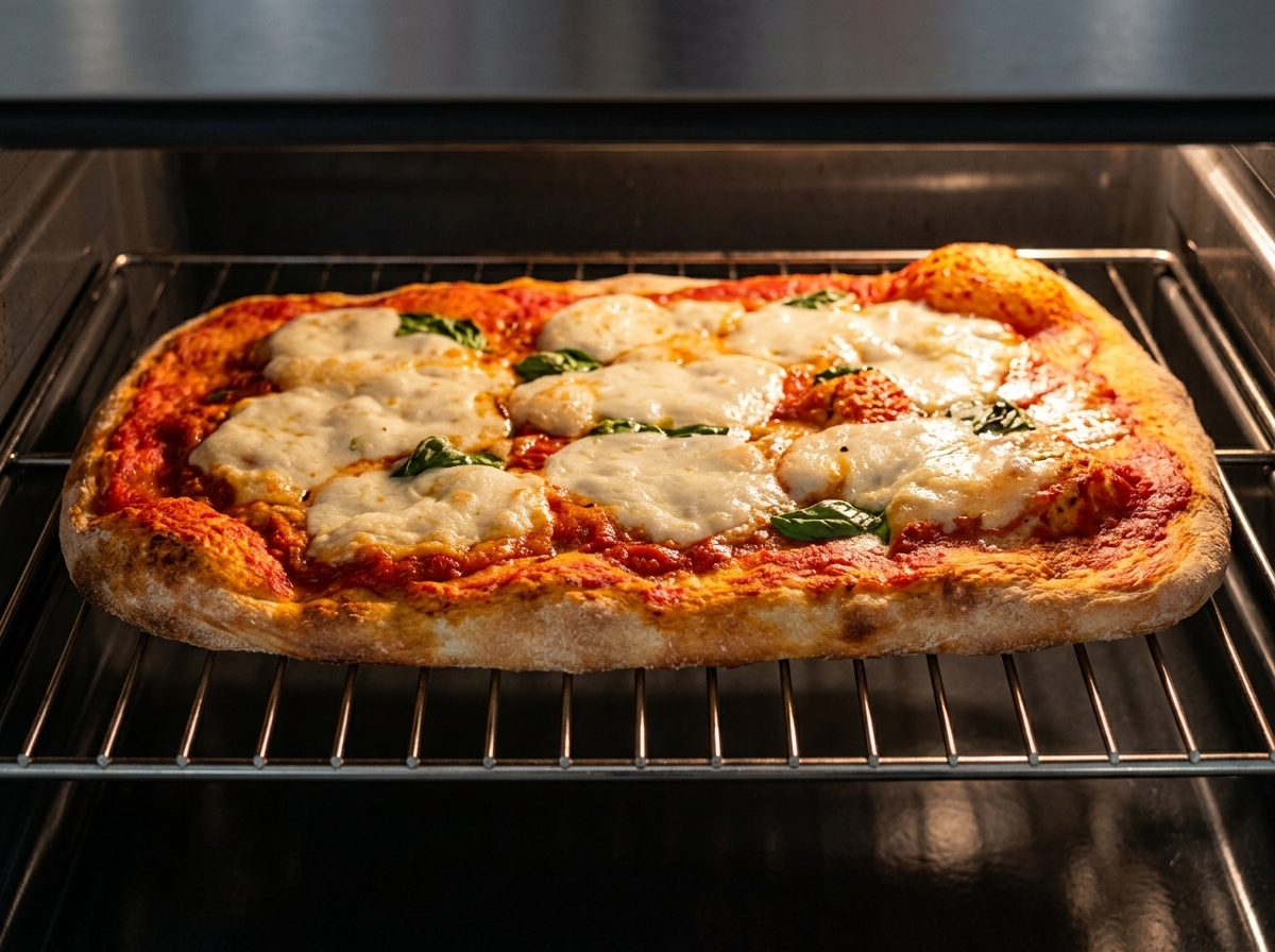 Gros plan sur une pizza Margherita cuisant au four, avec le fromage qui fond et la sauce qui bouillonne sur une pâte dorée.