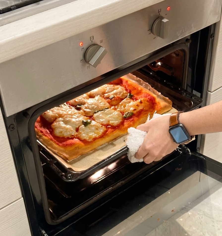 Des mains utilisant un torchon pour sortir délicatement la pizza Margherita fumante du four.