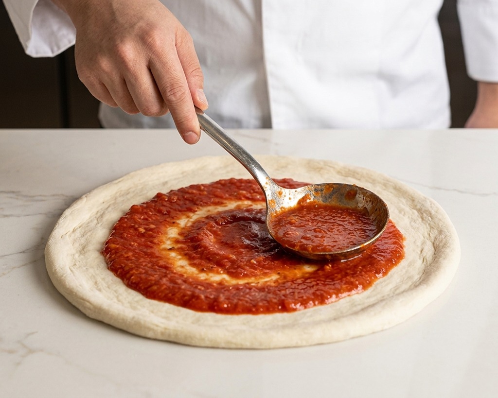 Un chef utilise une louche en métal pour étaler de la sauce tomate rouge en cercles sur la pâte à pizza crue.