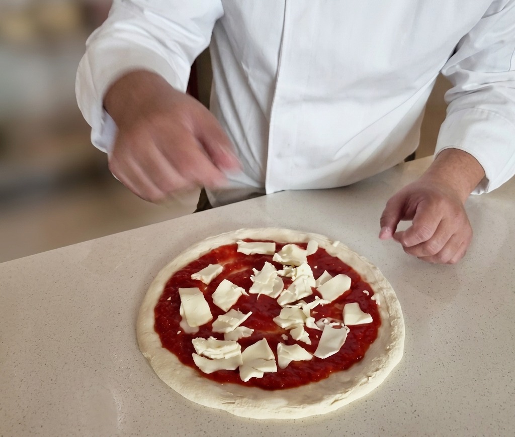 Des morceaux déchirés de mozzarella blanche fraîche sont parsemés sur une pâte à pizza nappée de sauce tomate.