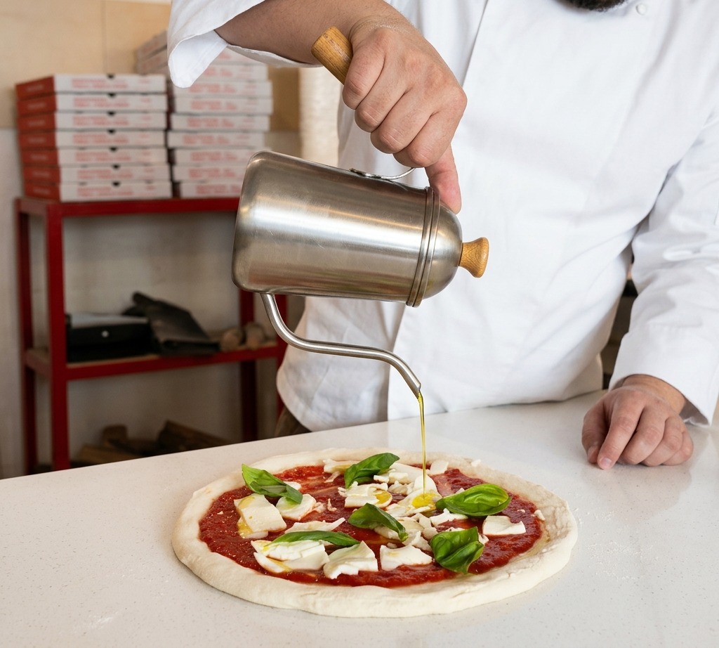 Le chef verse de lhuile dolive avec une burette en métal sur une pizza crue garnie de sauce tomate, de mozzarella et de basilic.