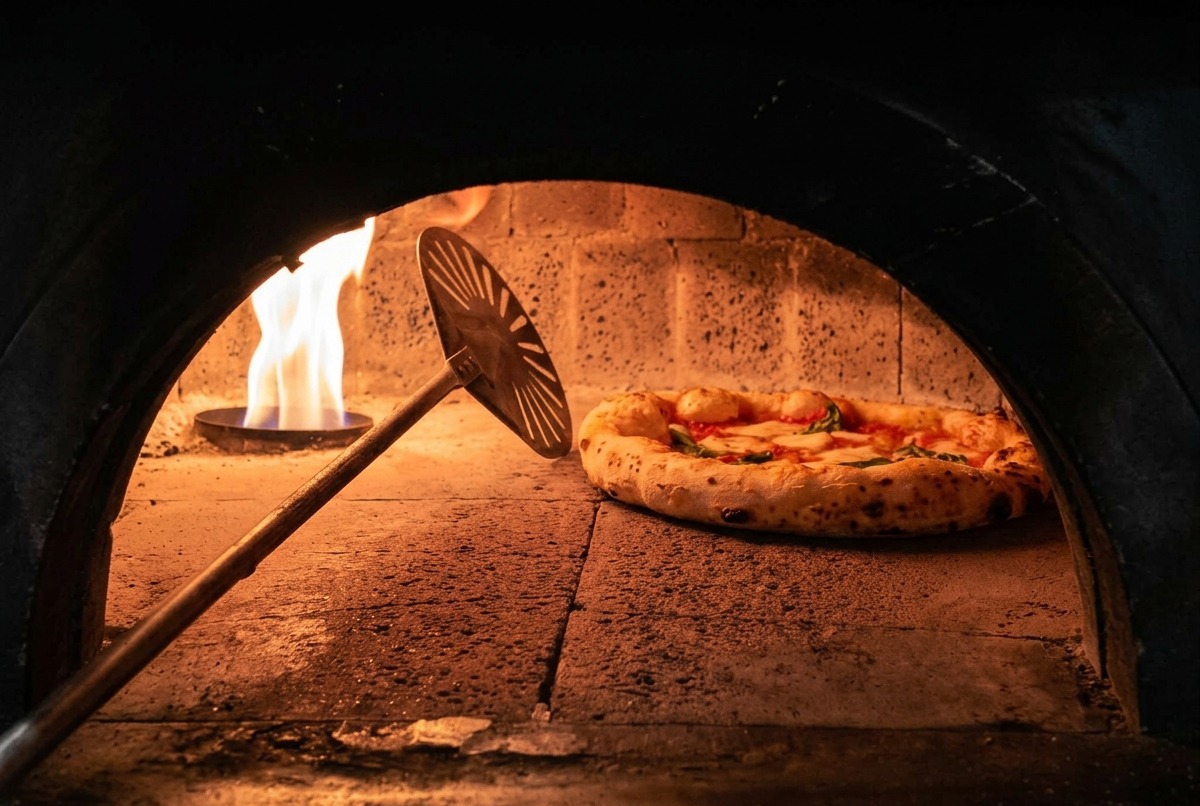 Une pizza Margherita cuisant sur la pierre dun four à bois, sa croûte gonflant et roussissant près dune flamme nue.