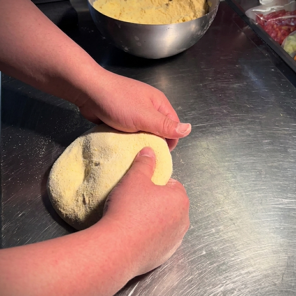 Mains du chef repliant doucement une boule de pâte à pizza sur un plan de travail fariné.