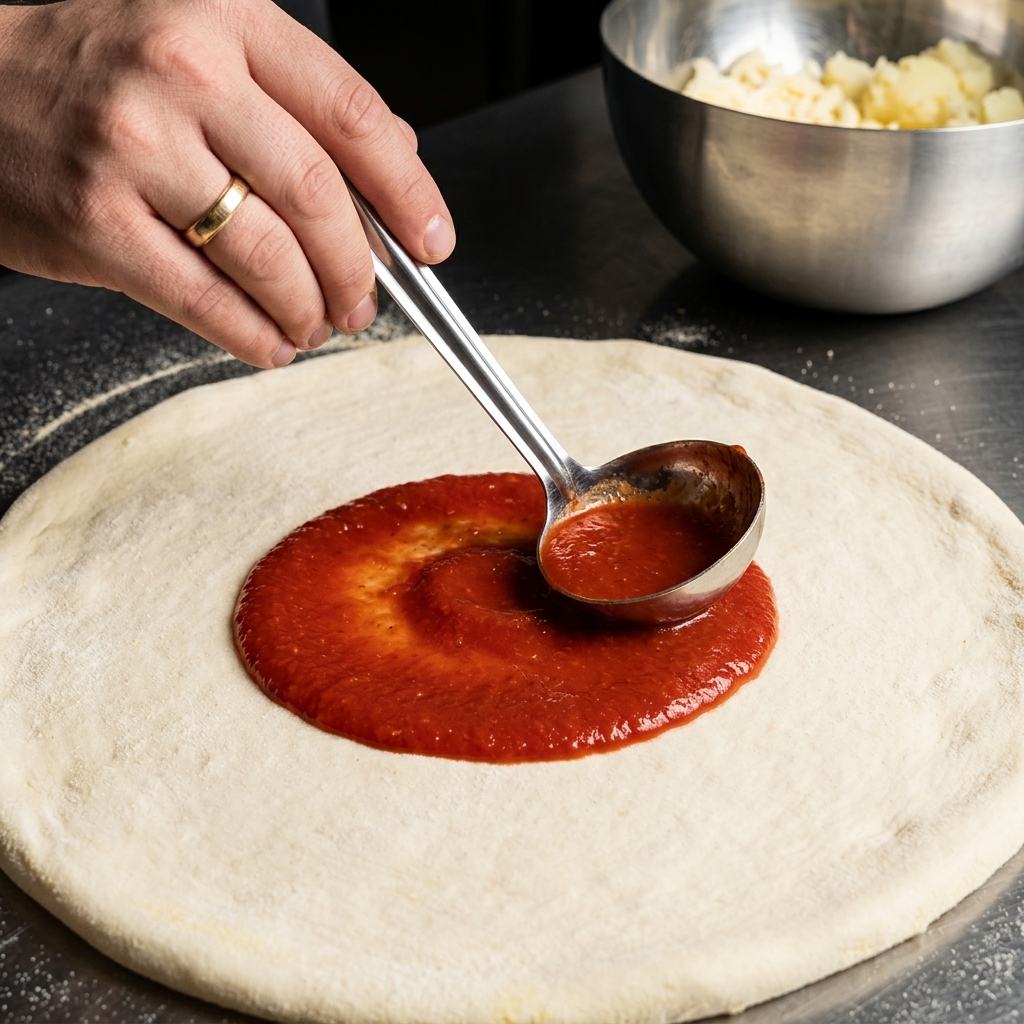 Une louche métallique versant de la sauce tomate rouge au centre dune pâte à pizza aplatie.