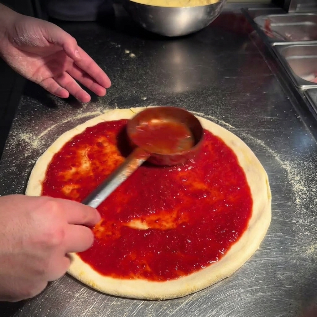 Dos dune louche étalant la sauce tomate en mouvement circulaire vers lextérieur sur la pâte.