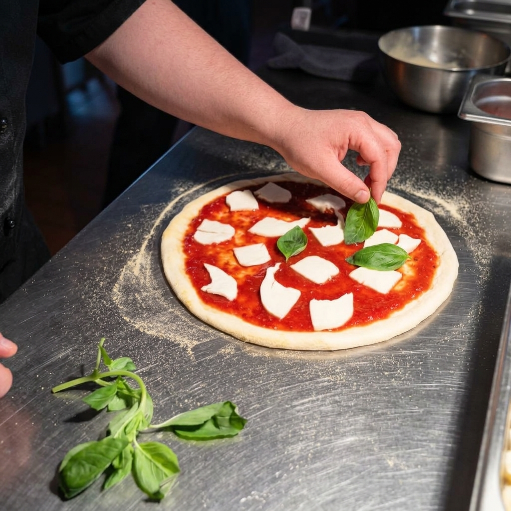 Une main déposant des feuilles de basilic frais sur une pizza crue avec sauce tomate et mozzarella.