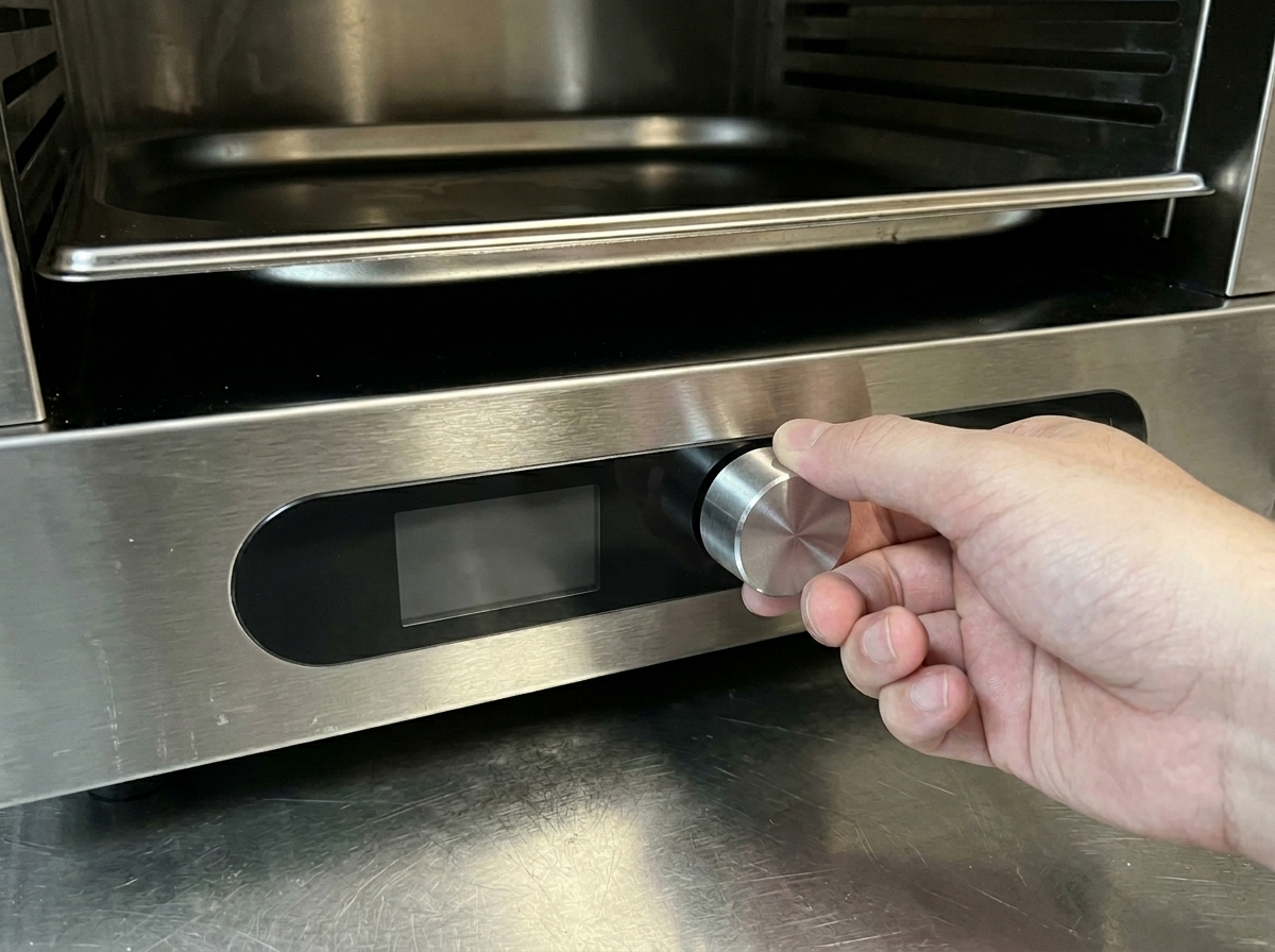 Gros plan sur une main réglant le thermostat dun four en acier inoxydable.