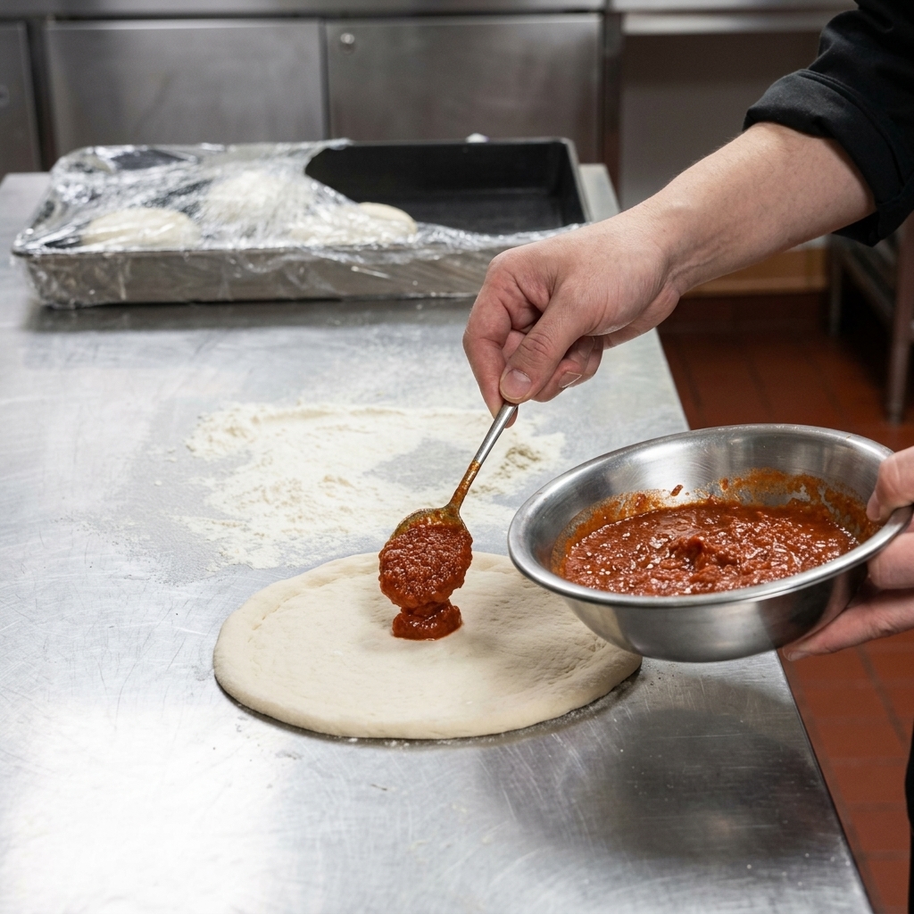 Un chef versant et étalant une sauce tomate épaisse au centre dune pâte à pizza avec une cuillère.