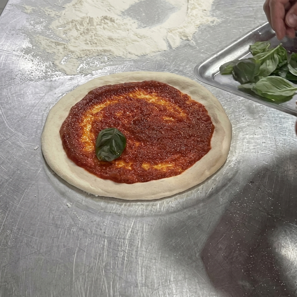 Pâte à pizza nappée de sauce tomate sur laquelle des feuilles de basilic frais sont déposées.