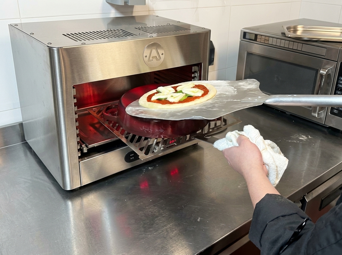 Une pizza crue glissant dune pelle en métal vers une poêle en fonte brûlante dans un four très chaud.