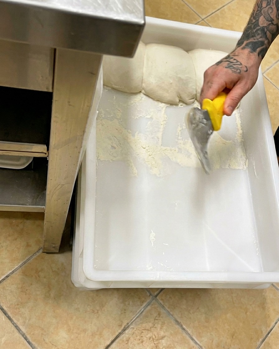 Une main utilisant un grattoir à manche jaune pour retirer délicatement une boule de pâte dun bac de fermentation blanc.