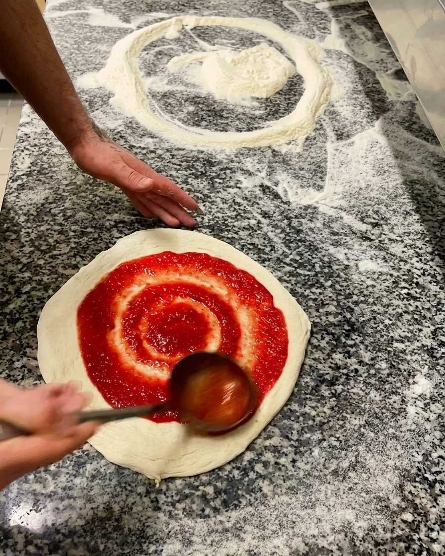Une personne utilisant une louche en métal pour étaler une sauce tomate rouge vive par mouvements circulaires sur une pâte à pizza crue.