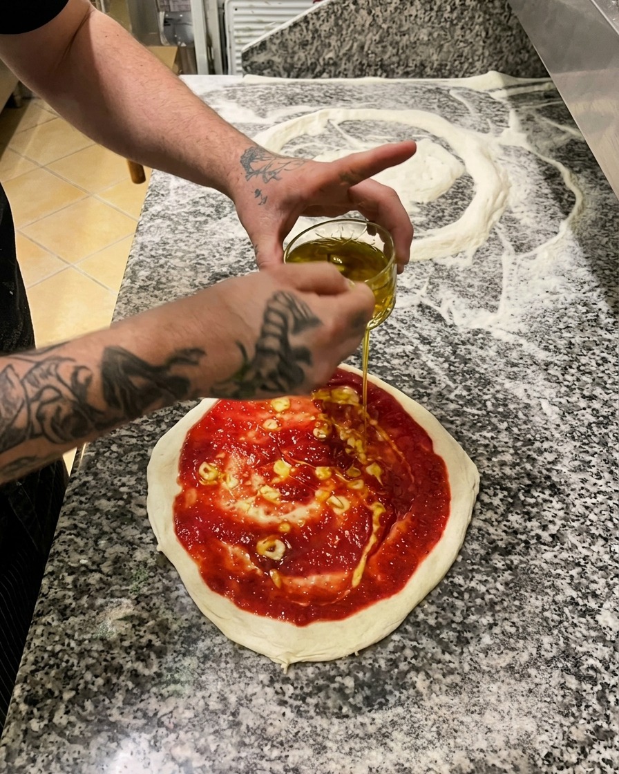 Une personne versant de lhuile dolive dorée infusée à lail depuis un petit bol en verre sur une pizza garnie de tomate.