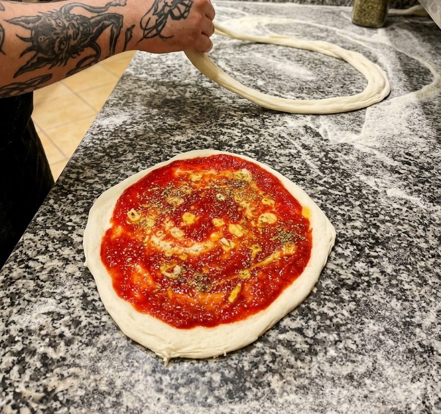 Une base de pizza crue garnie de sauce tomate, de tranches dail et dun saupoudrage dorigan séché sur un comptoir en marbre.