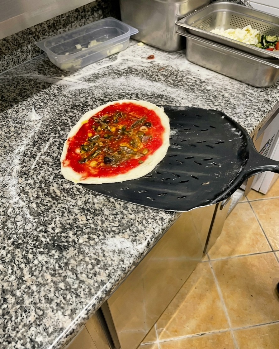 Pizza napolitaine crue avec tomate, anchois et olives reposant sur une pelle à pizza en métal noir.