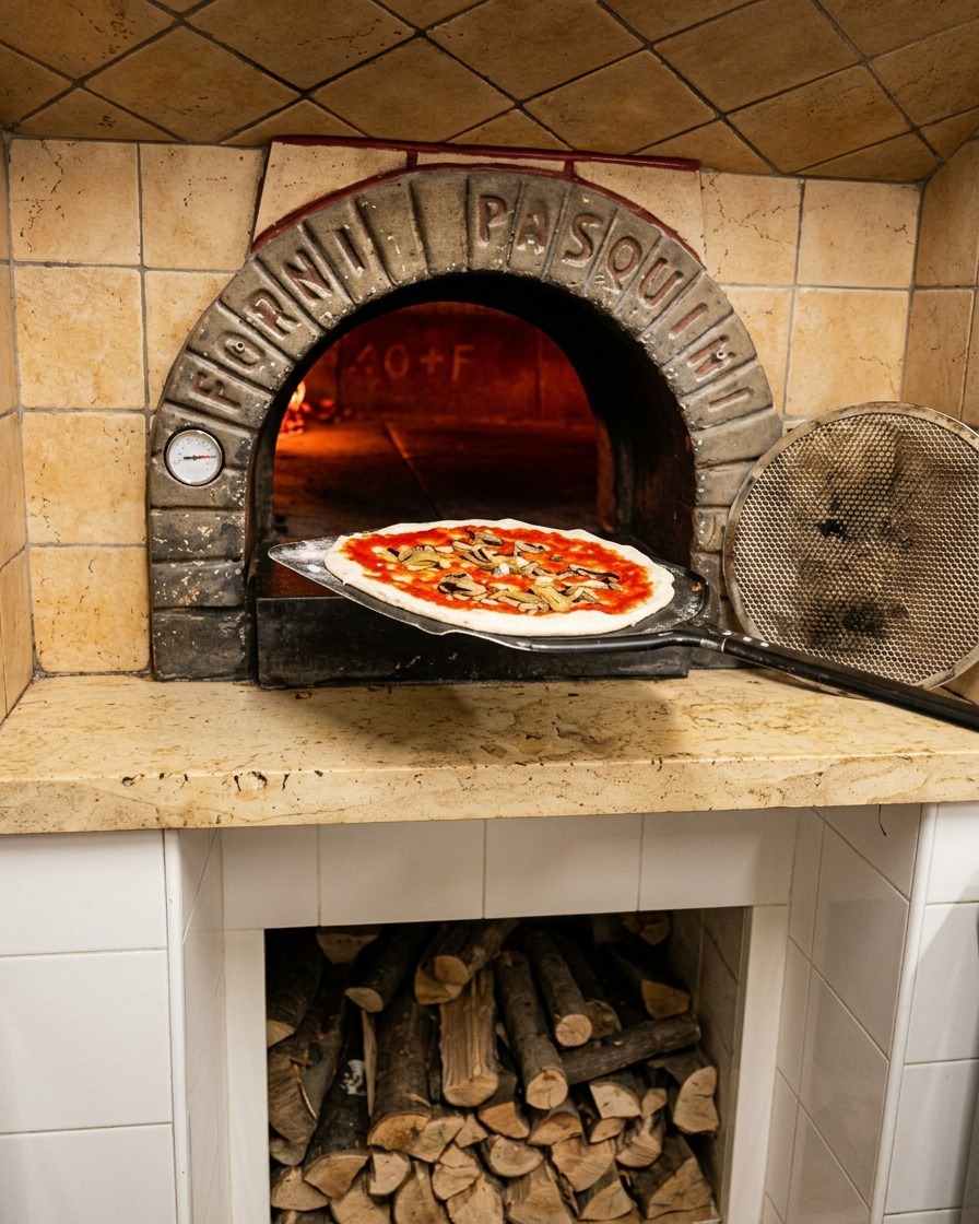 Une pizza crue glissant dune pelle en métal directement dans un four à bois en briques rougeoyant.