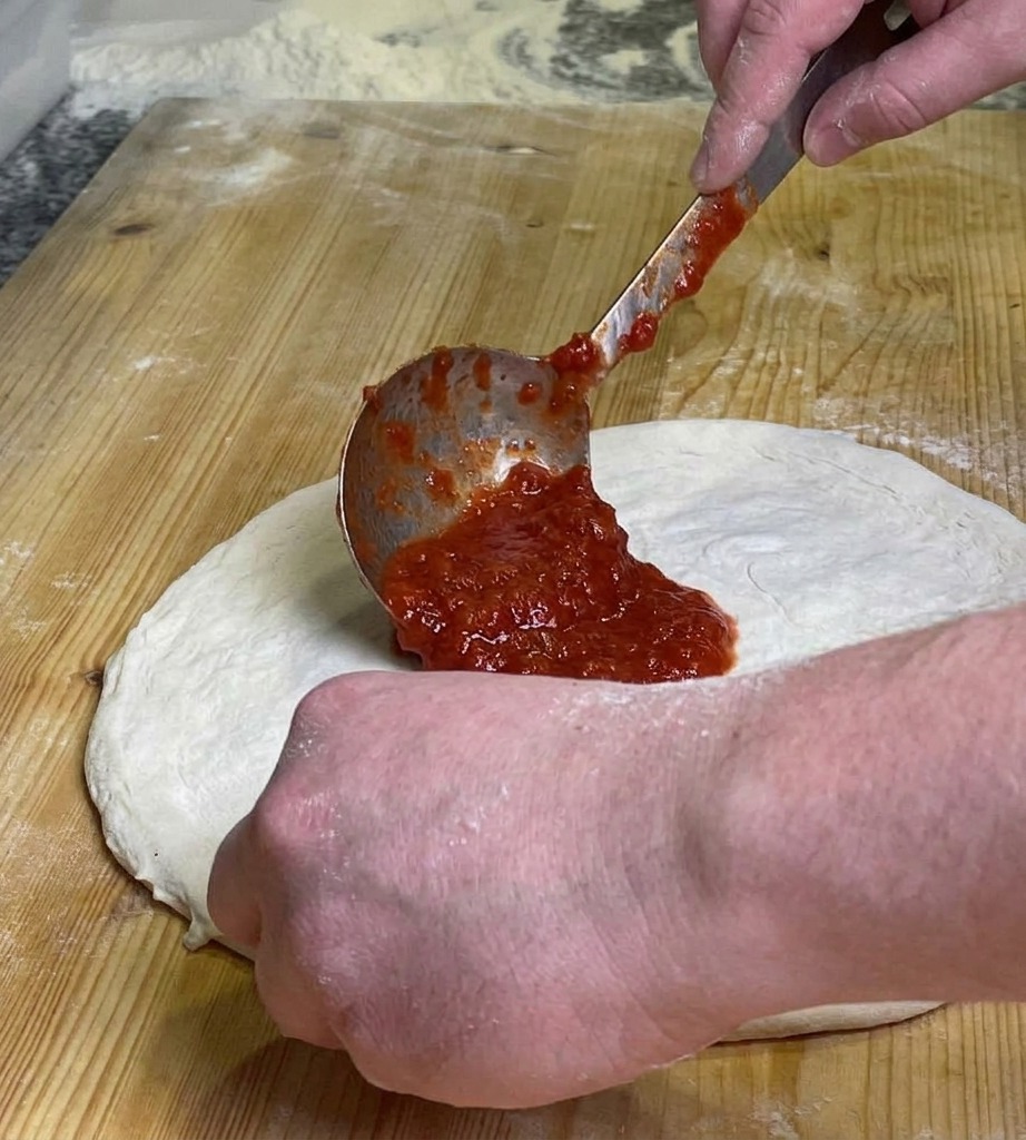 Une personne utilise une cuillère métallique pour étaler la purée de tomates rouge en mouvements circulaires sur une pâte à pizza aplatie.