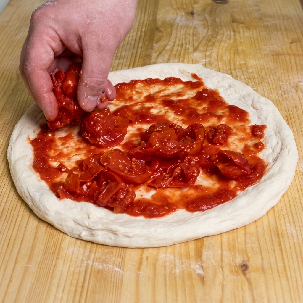 Une main déposant de gros morceaux rustiques de chair de tomate rouge sur une pâte à pizza déjà nappée dune sauce tomate lisse.