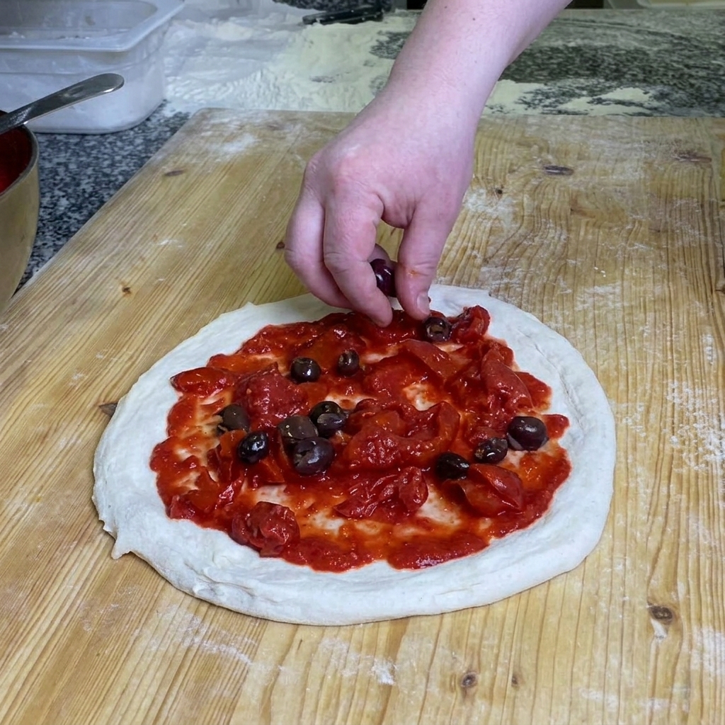 La main dun chef parsemant des olives noires entières sur une pizza crue garnie de tomates rouges.