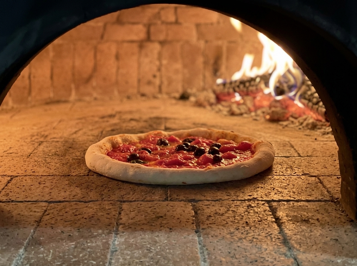 Une pizza napolitaine bouillonnante cuisant directement sur la pierre dun four à bois chauffé à blanc avec des flammes vives.
