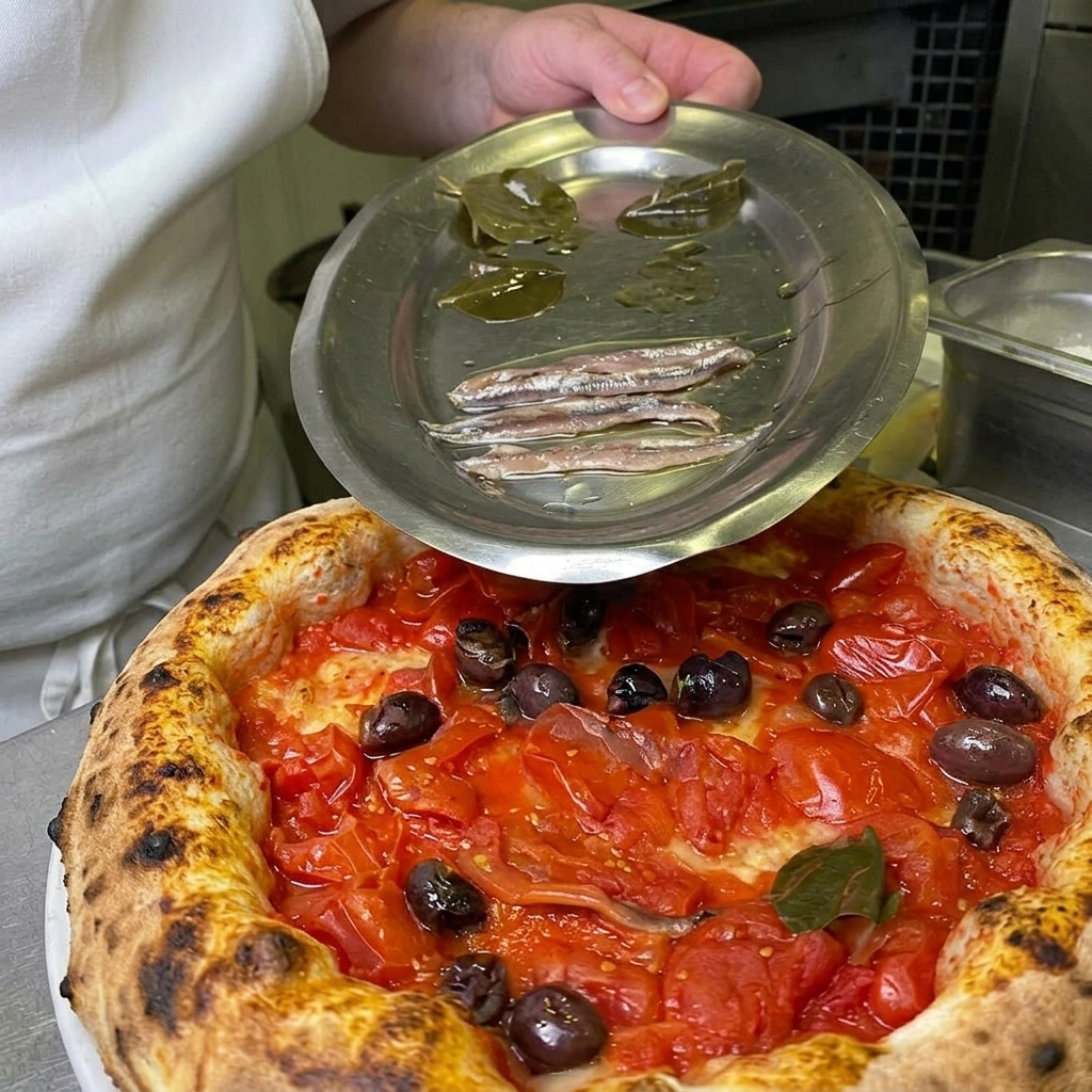 Un chef tenant une petite assiette danchois frais et de feuilles de câpres marinées au-dessus dune pizza marinara napolitaine fumante.