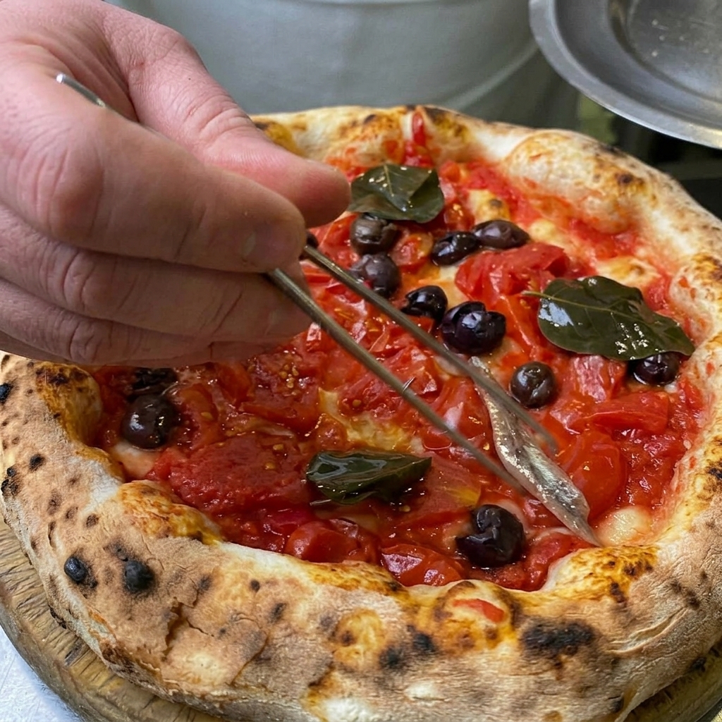 Une pince déposant un filet danchois argenté sur une pizza cuite garnie de tomates, dolives et de feuilles de câpres.