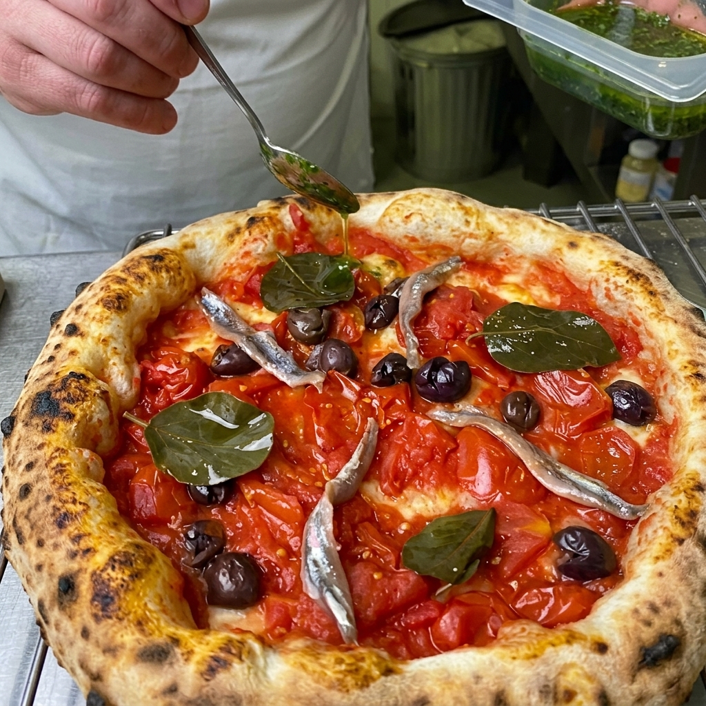 Une cuillère versant une sauce verte vibrante à lail et au céleri sur une pizza garnie danchois, dolives et de tomates.