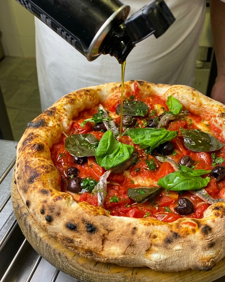 Un filet dhuile dolive extra vierge dorée versé depuis une bouteille noire sur une pizza Marinara entièrement garnie.