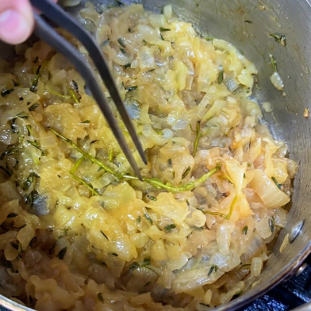 Une pince retirant un brin de thym dune sauteuse doignons caramélisés.