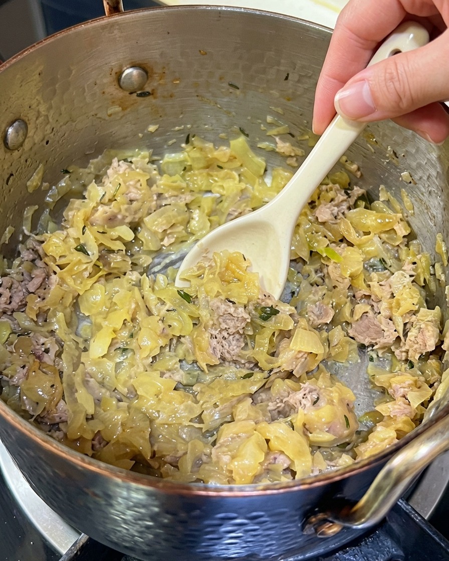 Une main mélangeant la pâte de poisson aux oignons fondants dans la sauteuse.