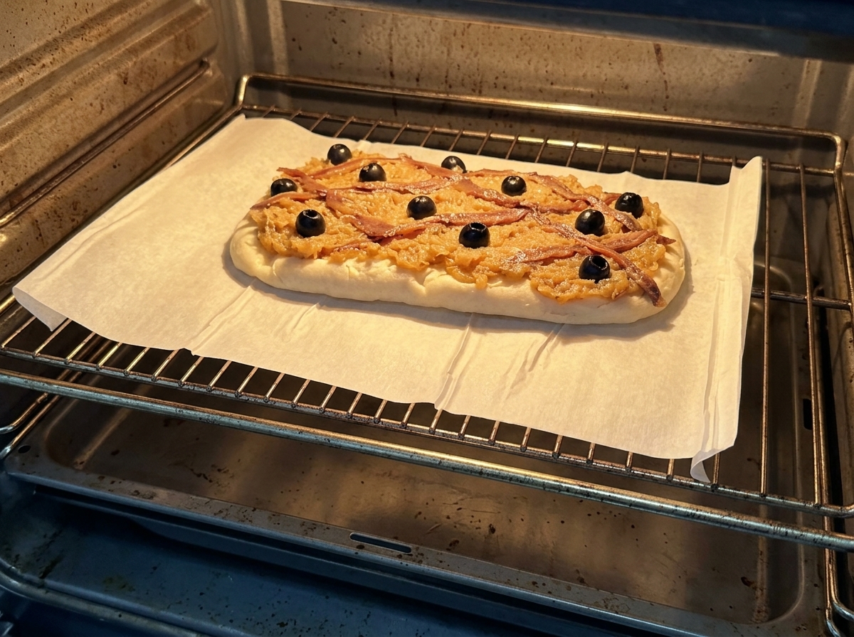 Pissaladière sur papier sulfurisé en train de cuire dans un four chaud.