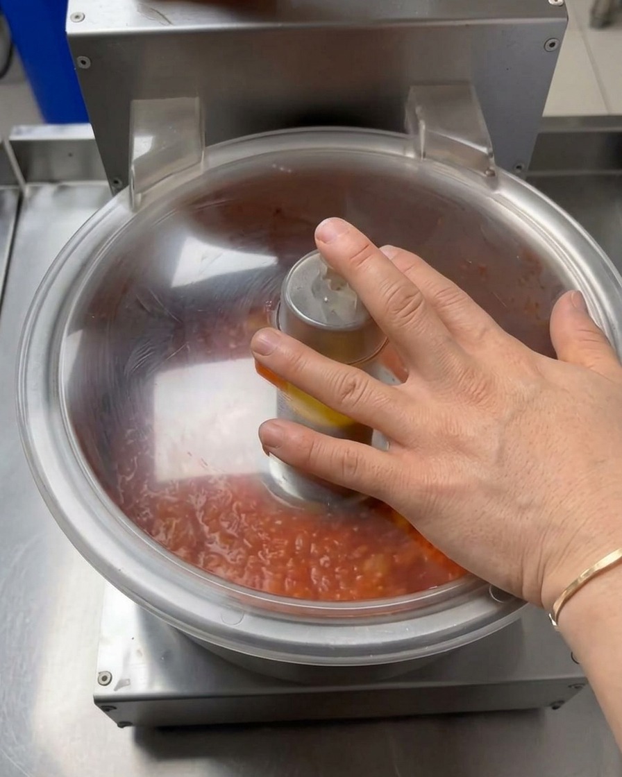 Main pressant le couvercle dun robot mixant des tomates fraîches en sauce rouge vive.