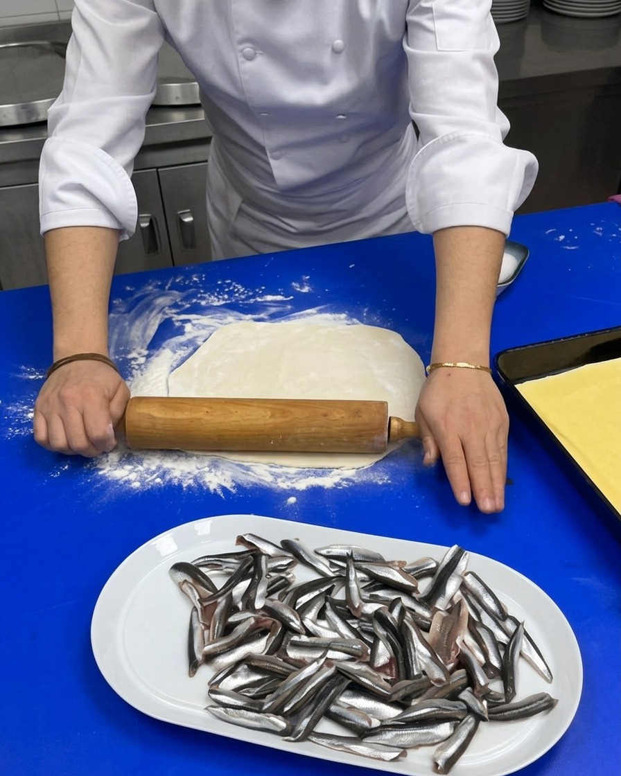 Mains du chef utilisant un rouleau à pâtisserie pour aplatir un disque de pâte sur un plan de travail fariné.