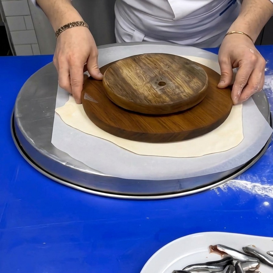 Chef plaçant un gabarit circulaire sur une feuille de pâte étalée.