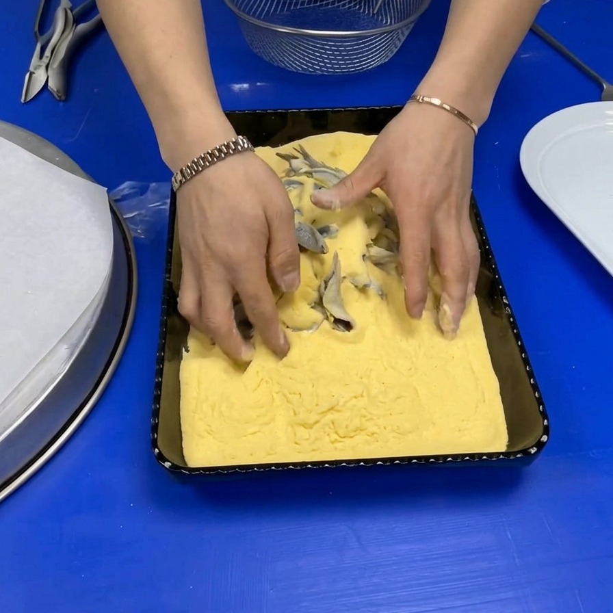 Mains mélangeant des anchois entiers dans un plateau de semoule de maïs jaune.