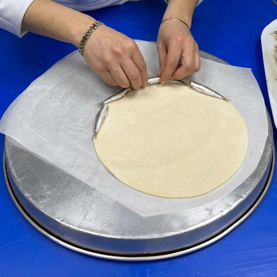 Chef disposant minutieusement les anchois farinés en cercle sur le bord de la pâte à pizza.